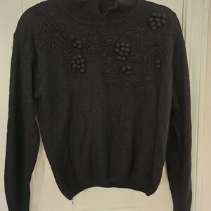 Black Turtleneck Sweater with Floral Embroidery